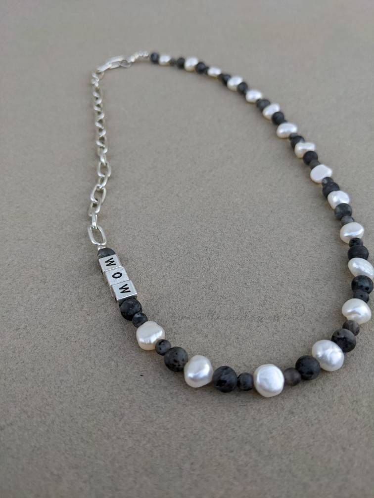 WOW - Mens Unisex Pearl,  Labradorite and Sterling Silver Plated Chain Necklace