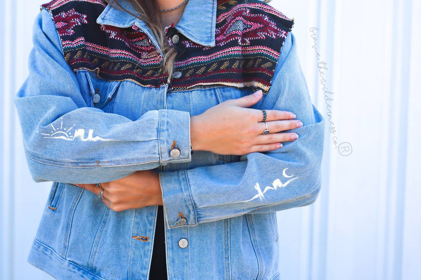 Southwest Blanket - Vintage Upcycled Jean Jacket with Hand Painted Sleeves