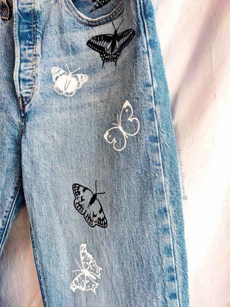 Black and White Butterfly - Levi Jeans with One Leg Butterflies