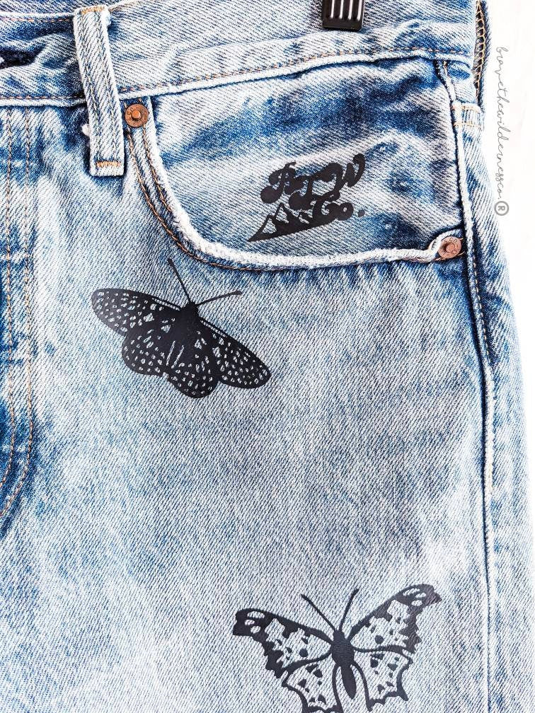 Black Butterfly - Levi Jeans with One Leg Butterflies