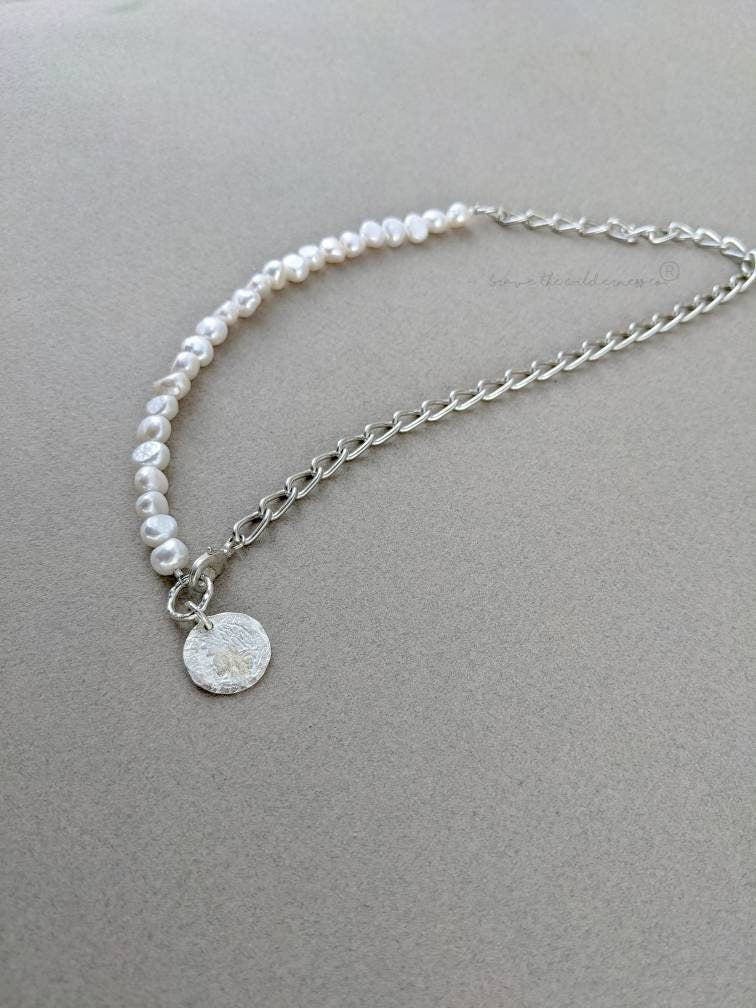 Silver Coin - Mens Unisex Pearl and Sterling Silver Plated Chain Necklace