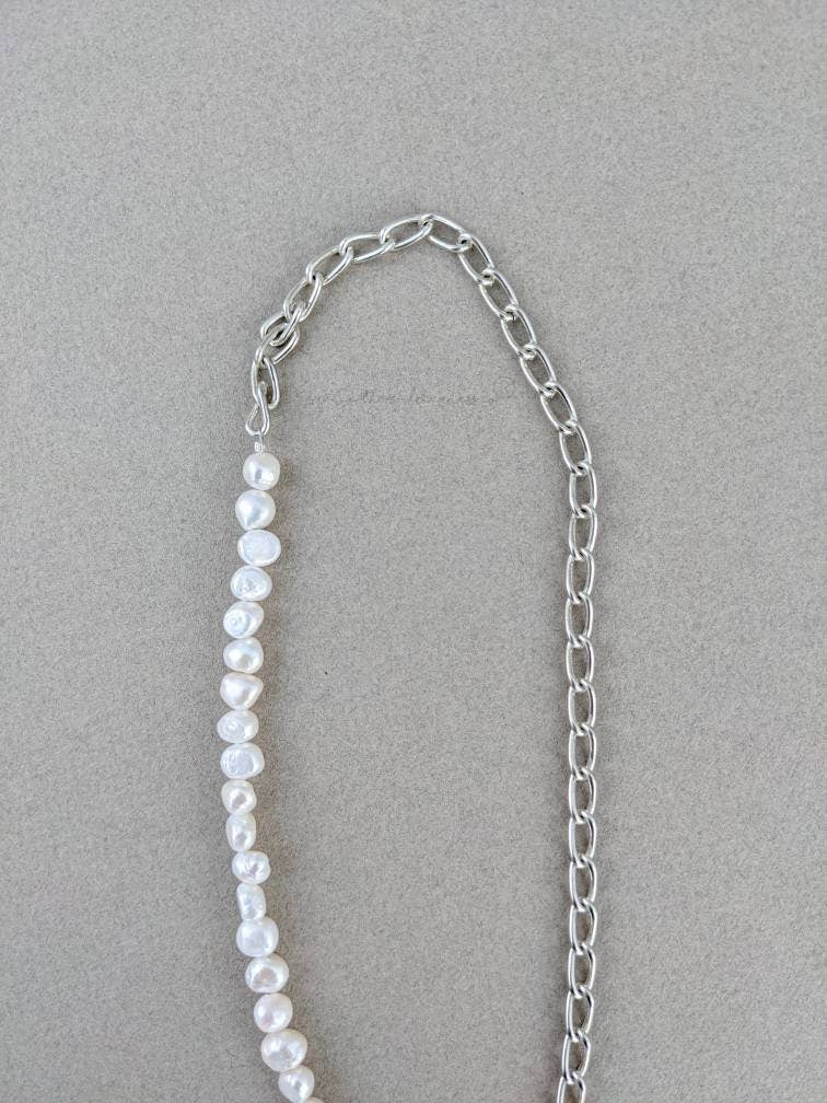 Silver Coin - Mens Unisex Pearl and Sterling Silver Plated Chain Necklace