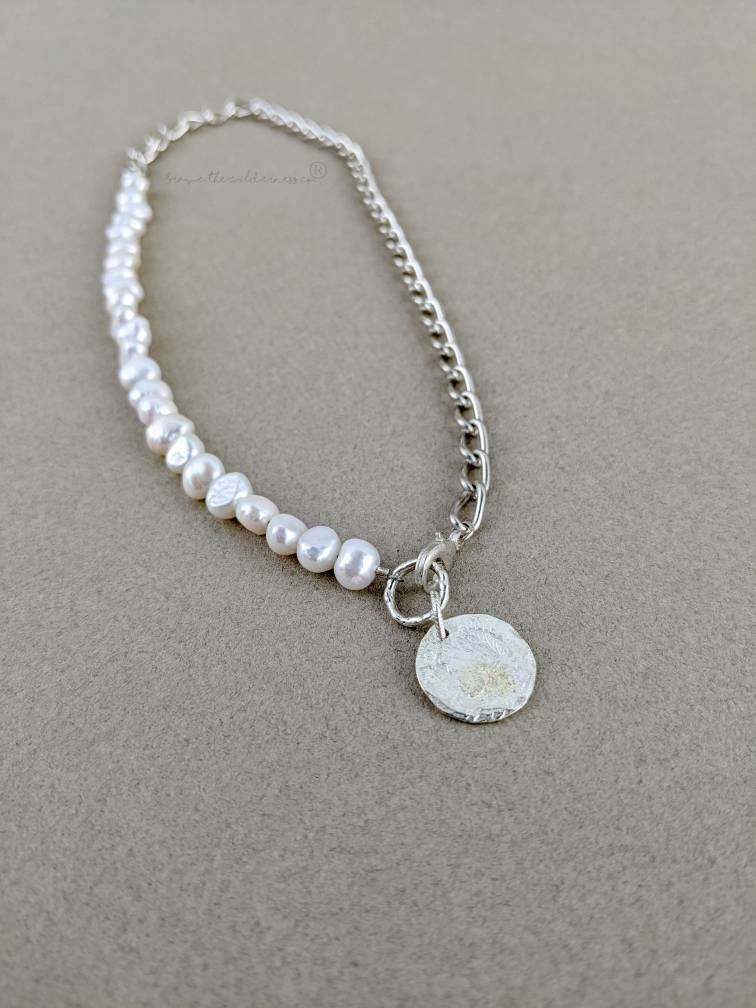 Silver Coin - Mens Unisex Pearl and Sterling Silver Plated Chain Necklace