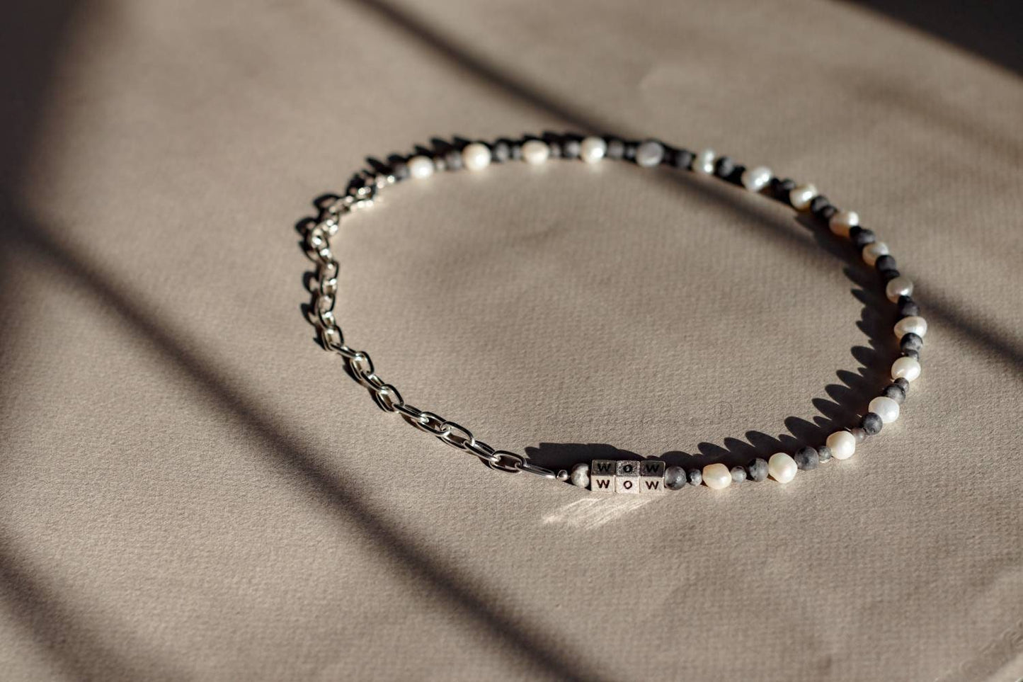 WOW - Mens Unisex Pearl,  Labradorite and Sterling Silver Plated Chain Necklace