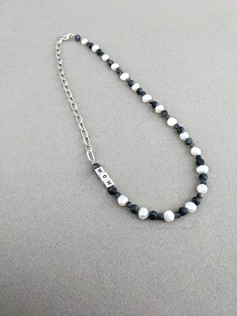 WOW - Mens Unisex Pearl,  Labradorite and Sterling Silver Plated Chain Necklace