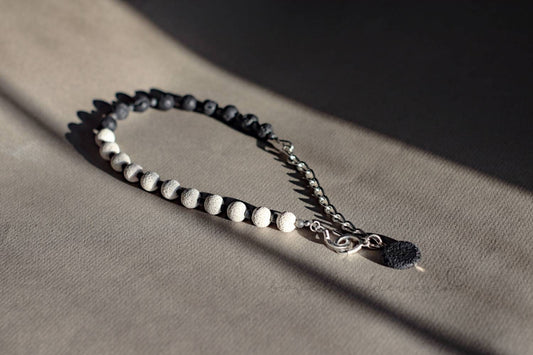 Lava Stone and Labradorite - Mens Unisex Labradorite and Lava Stone Sterling Silver Plated Chain Necklace