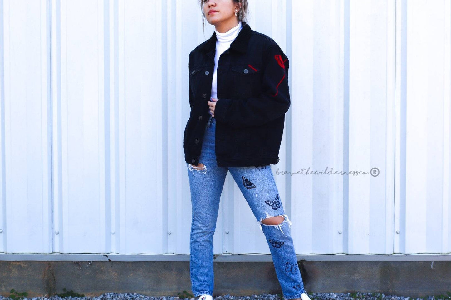 Red and Black - Upcycled Thrifted Black Jean Jacket with Red Butterfly and Abstract Lines