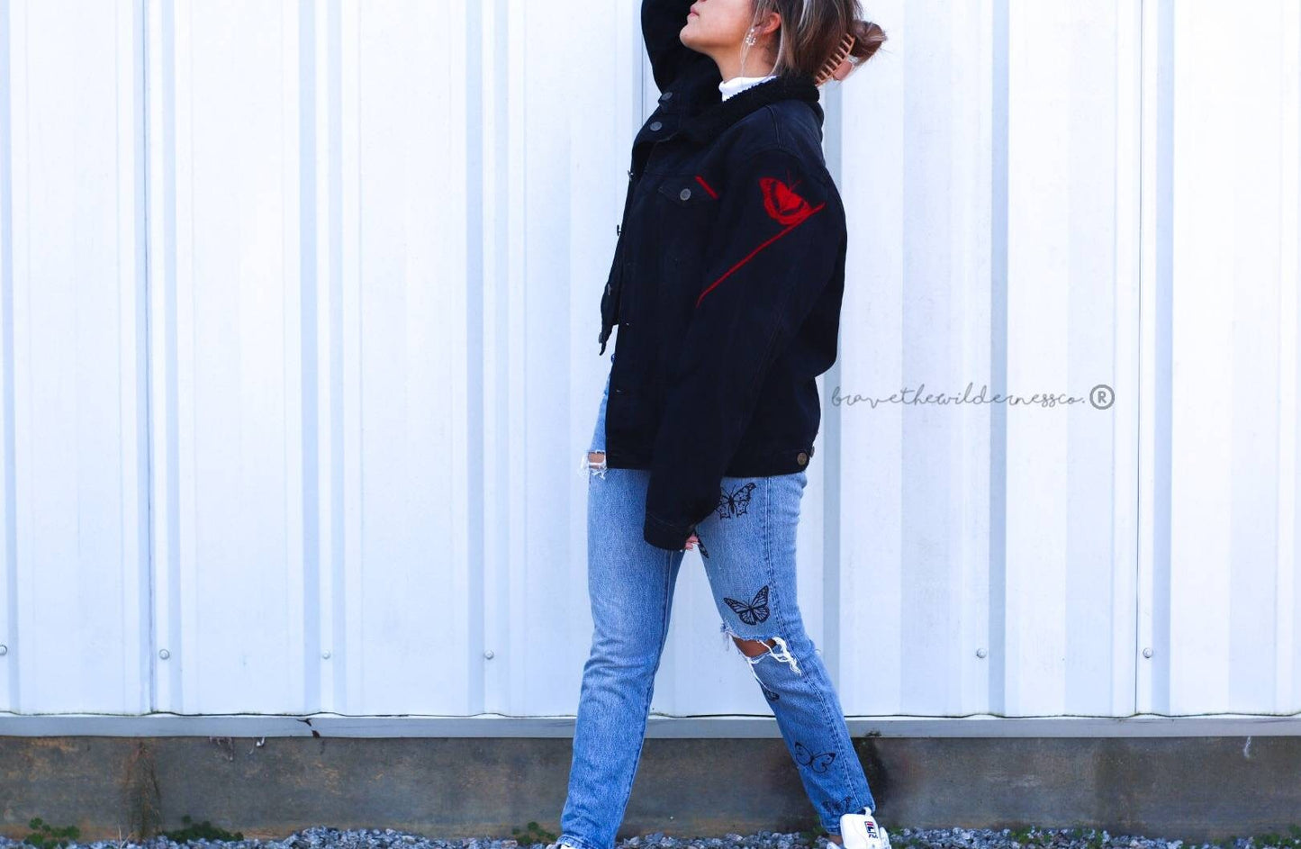 Red and Black - Upcycled Thrifted Black Jean Jacket with Red Butterfly and Abstract Lines