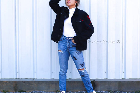 Red and Black - Upcycled Thrifted Black Jean Jacket with Red Butterfly and Abstract Lines