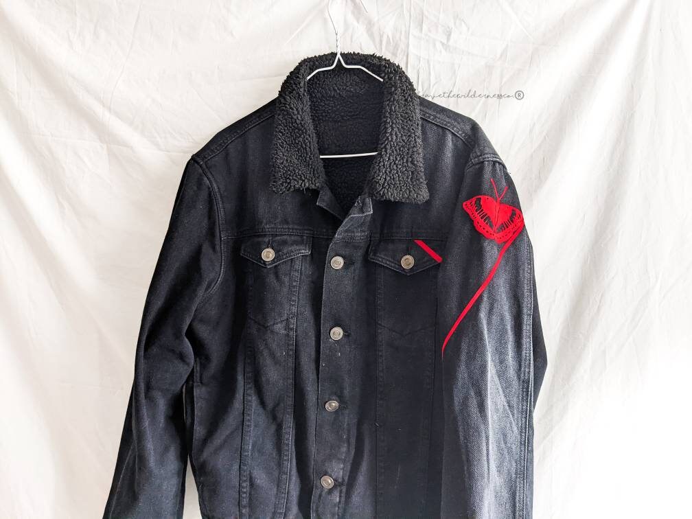 Red and Black - Upcycled Thrifted Black Jean Jacket with Red Butterfly and Abstract Lines