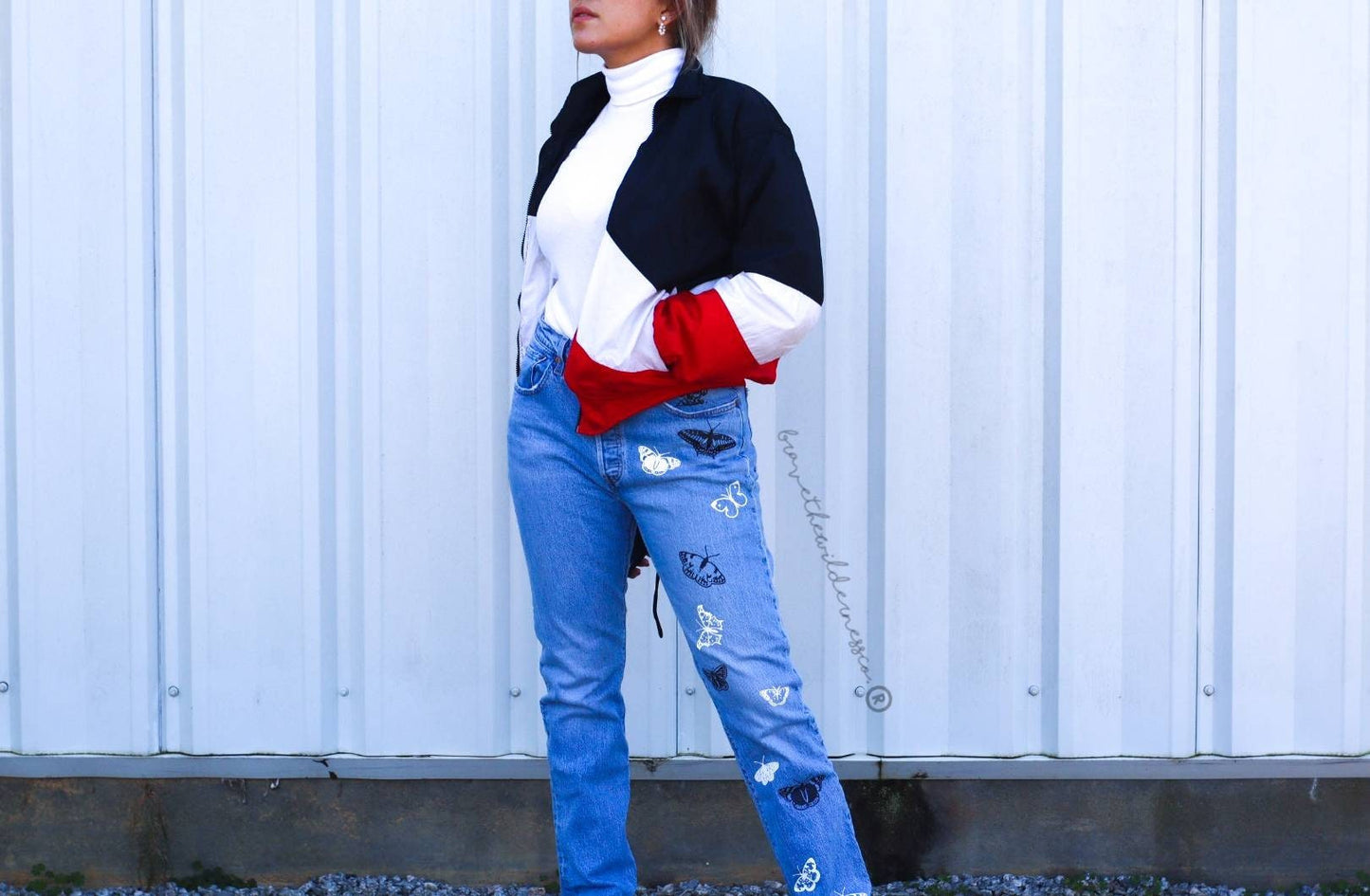 Black and White Butterfly - Levi Jeans with One Leg Butterflies