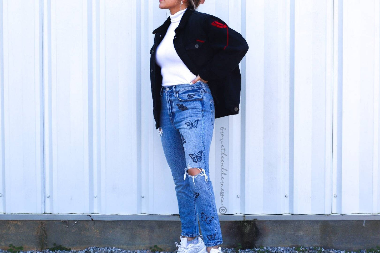 Red and Black - Upcycled Thrifted Black Jean Jacket with Red Butterfly and Abstract Lines