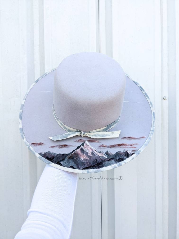 Sunrise in the Mountains - Wool Hand Painted Wide Brim Fedora Hat Signed