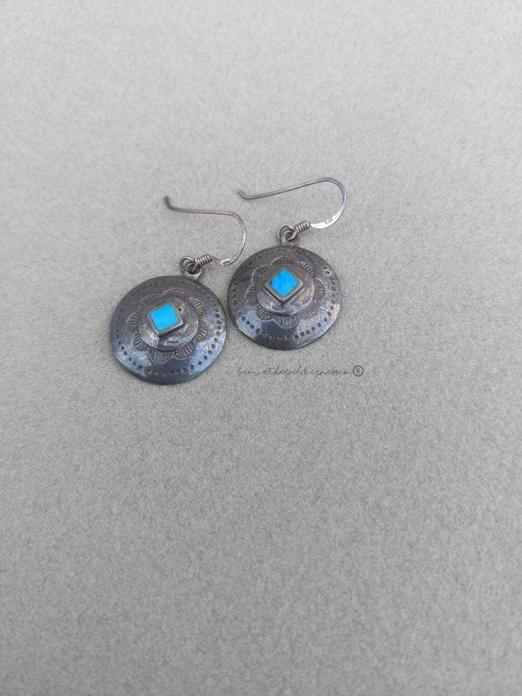 Turquoise Stone - Vintage Sterling Silver 925 Stamped Indigenous Turquoise Earrings