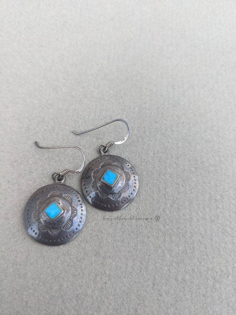 Turquoise Stone - Vintage Sterling Silver 925 Stamped Indigenous Turquoise Earrings