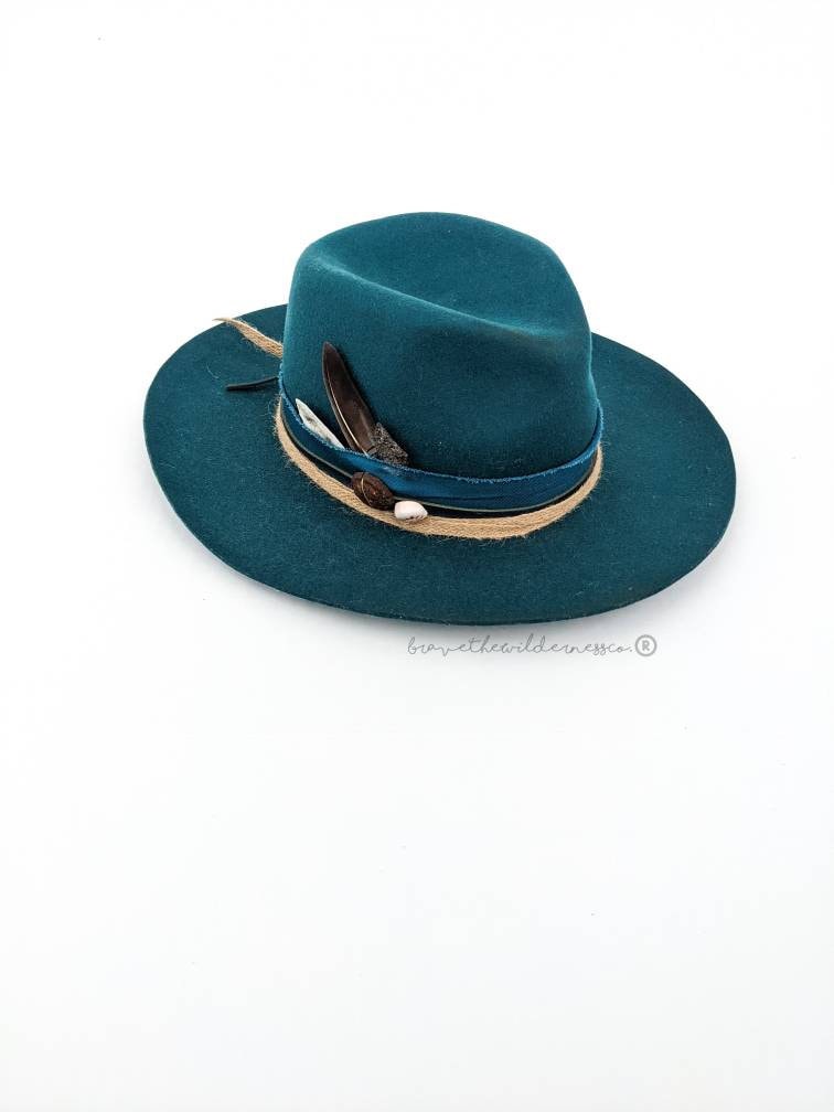 Tybee Island - Wool Upcycled Custom Teal Wide Brim Fedora Wedding Eclectic Unique Found Object