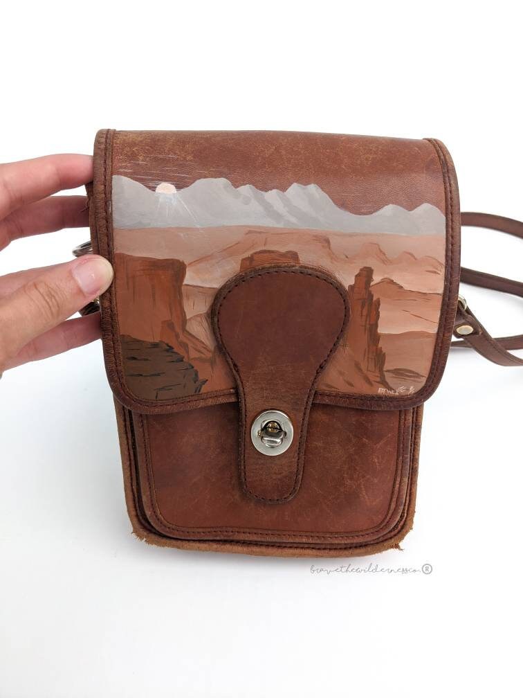 Southwest Landscape - Hand Painted Vintage Leather Bag Crossbody Satchel