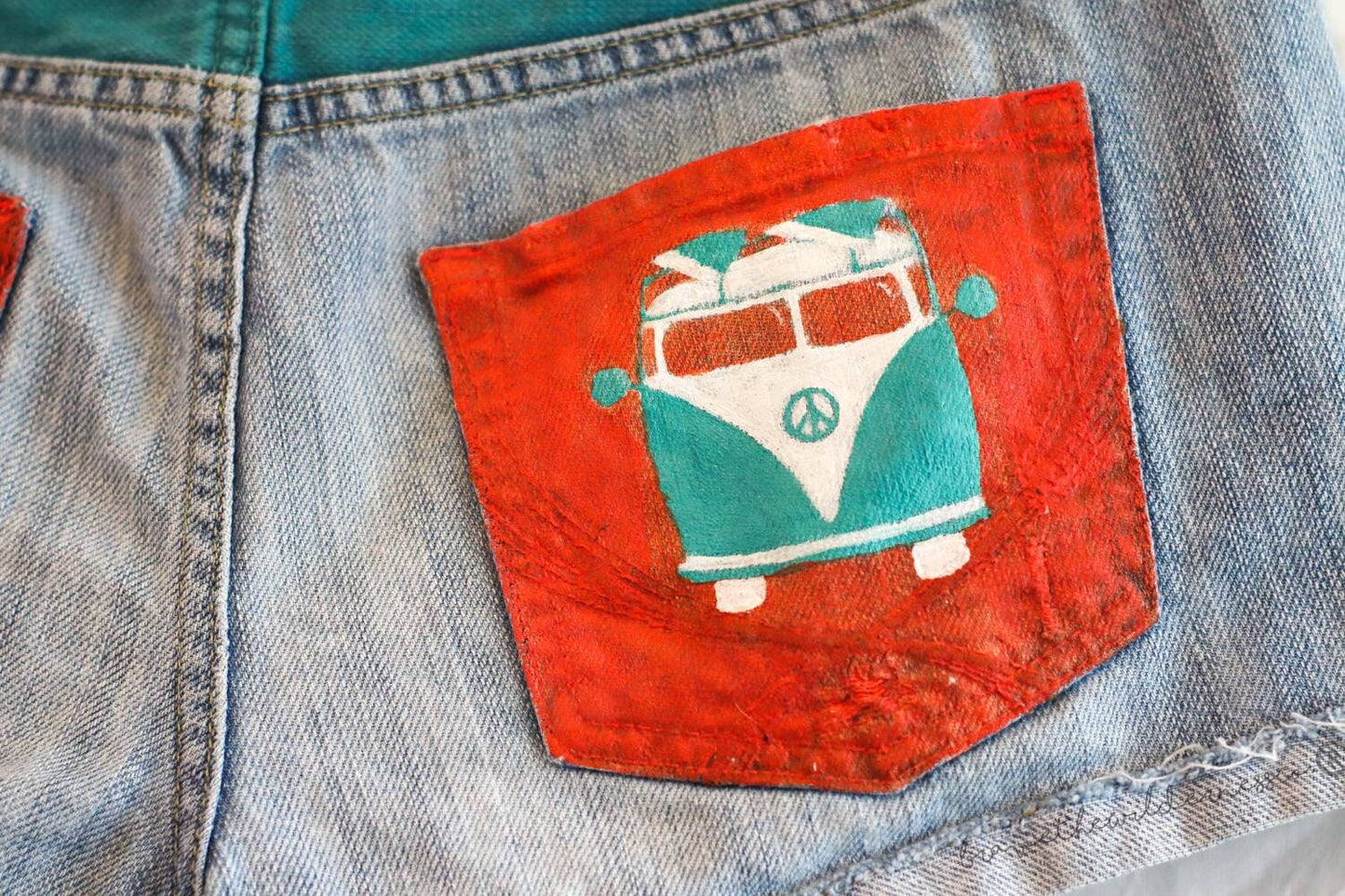 Hippy Bus - Distressed Jean Shorts with Hand Painted Pockets