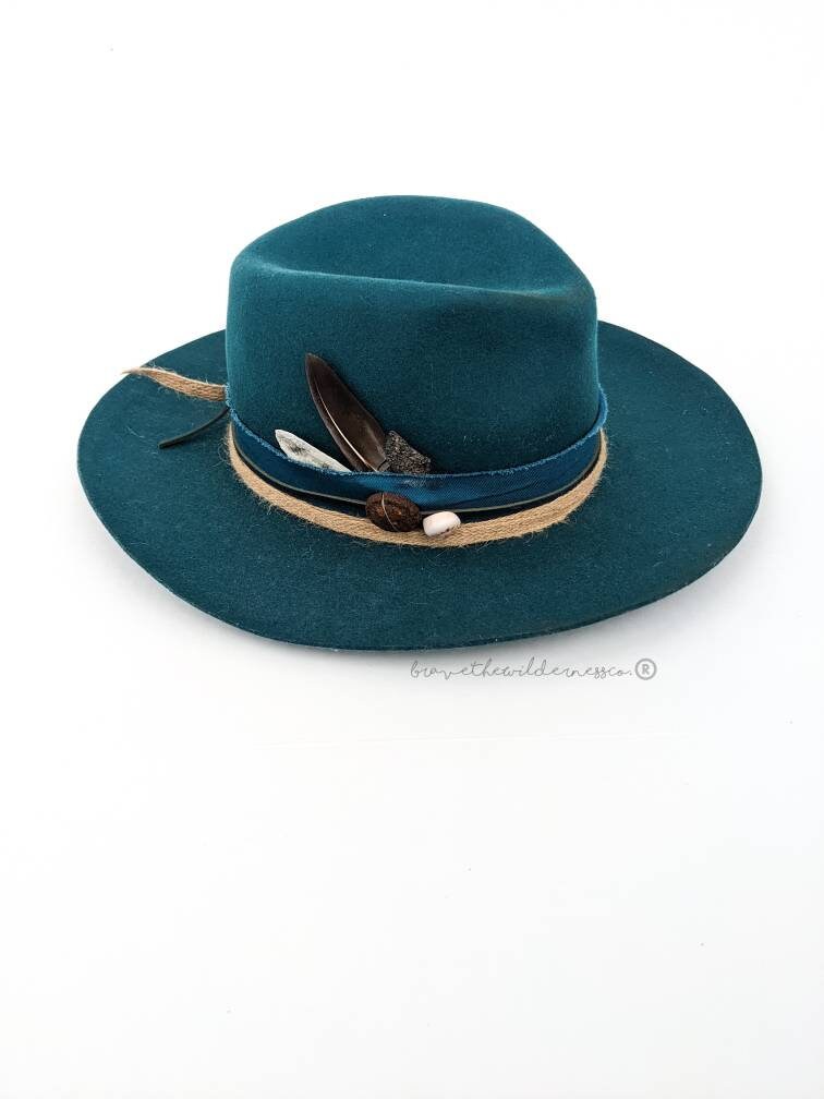 Tybee Island - Wool Upcycled Custom Teal Wide Brim Fedora Wedding Eclectic Unique Found Object