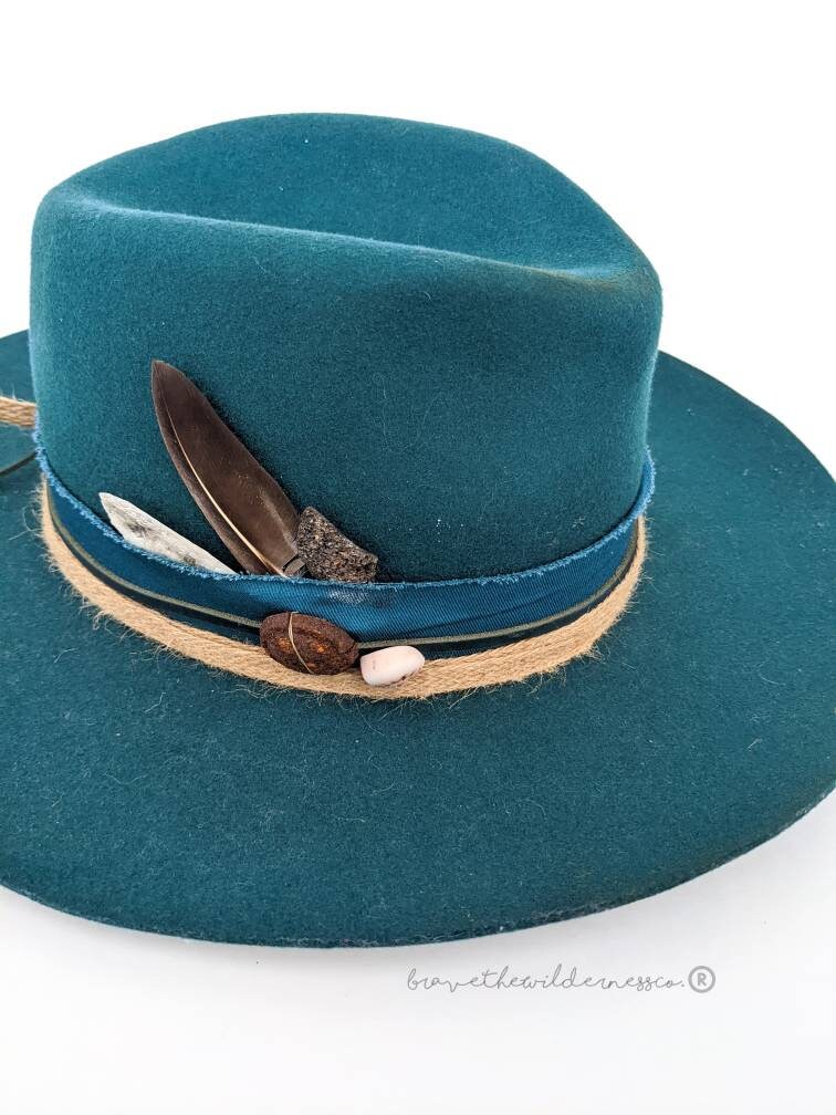 Tybee Island - Wool Upcycled Custom Teal Wide Brim Fedora Wedding Eclectic Unique Found Object