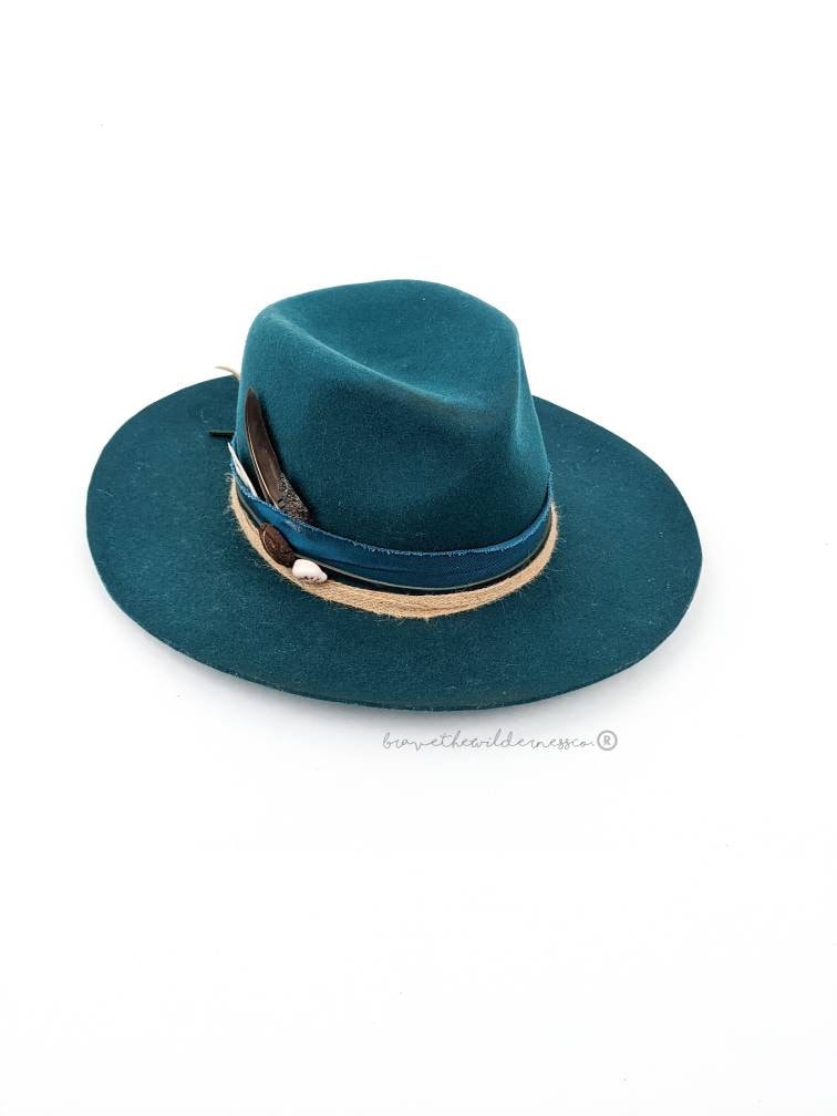 Tybee Island - Wool Upcycled Custom Teal Wide Brim Fedora Wedding Eclectic Unique Found Object