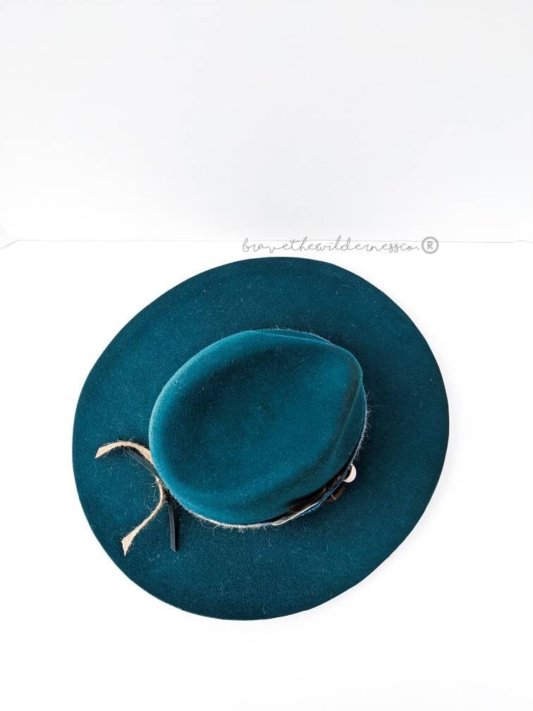 Tybee Island - Wool Upcycled Custom Teal Wide Brim Fedora Wedding Eclectic Unique Found Object