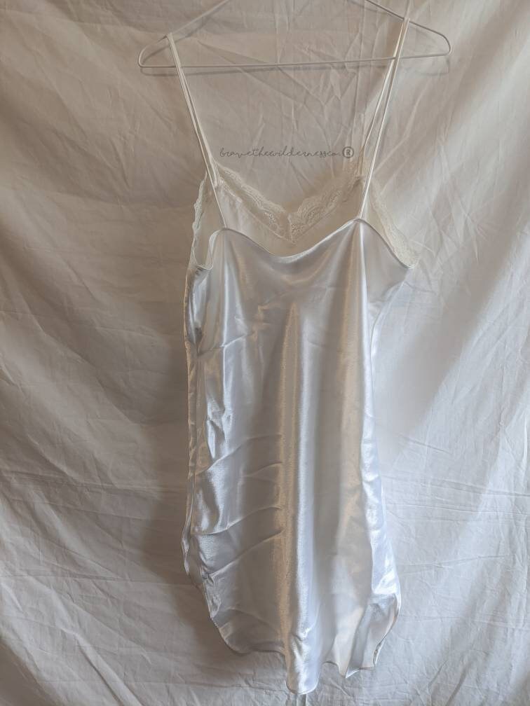 White - Vintage Satin Mini Slip Nightgown Intimate Affairs Vneck Dress Lace