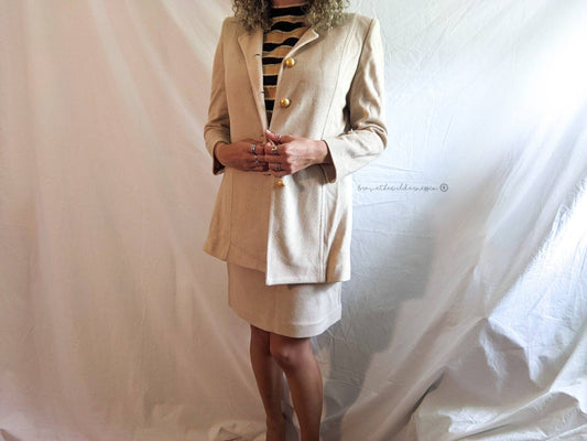 Beige Tan Gold - Vintage St John Collection Knit Blazer and Skirt