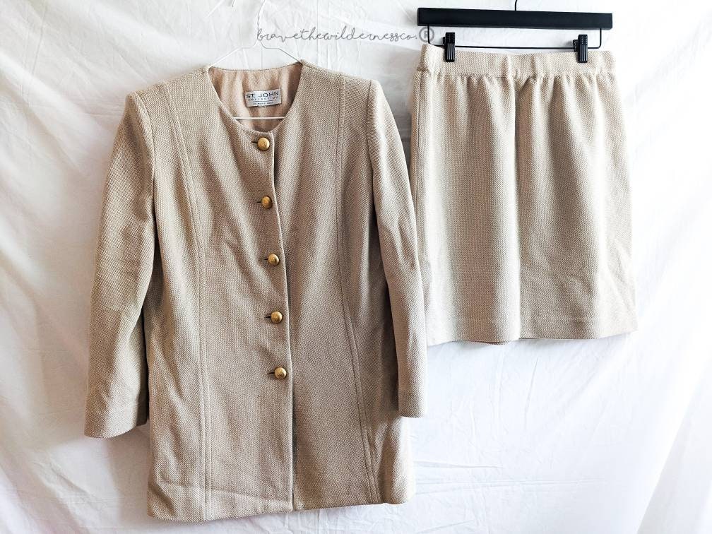 Beige Tan Gold - Vintage St John Collection Knit Blazer and Skirt