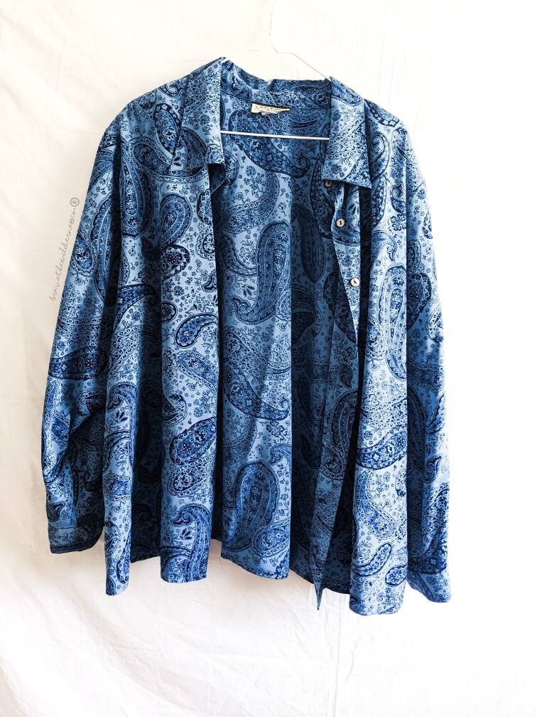 Blue Paisley Oversized Shirt - Vintage Notations Button Up Shirt