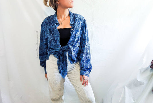 Blue Paisley Oversized Shirt - Vintage Notations Button Up Shirt