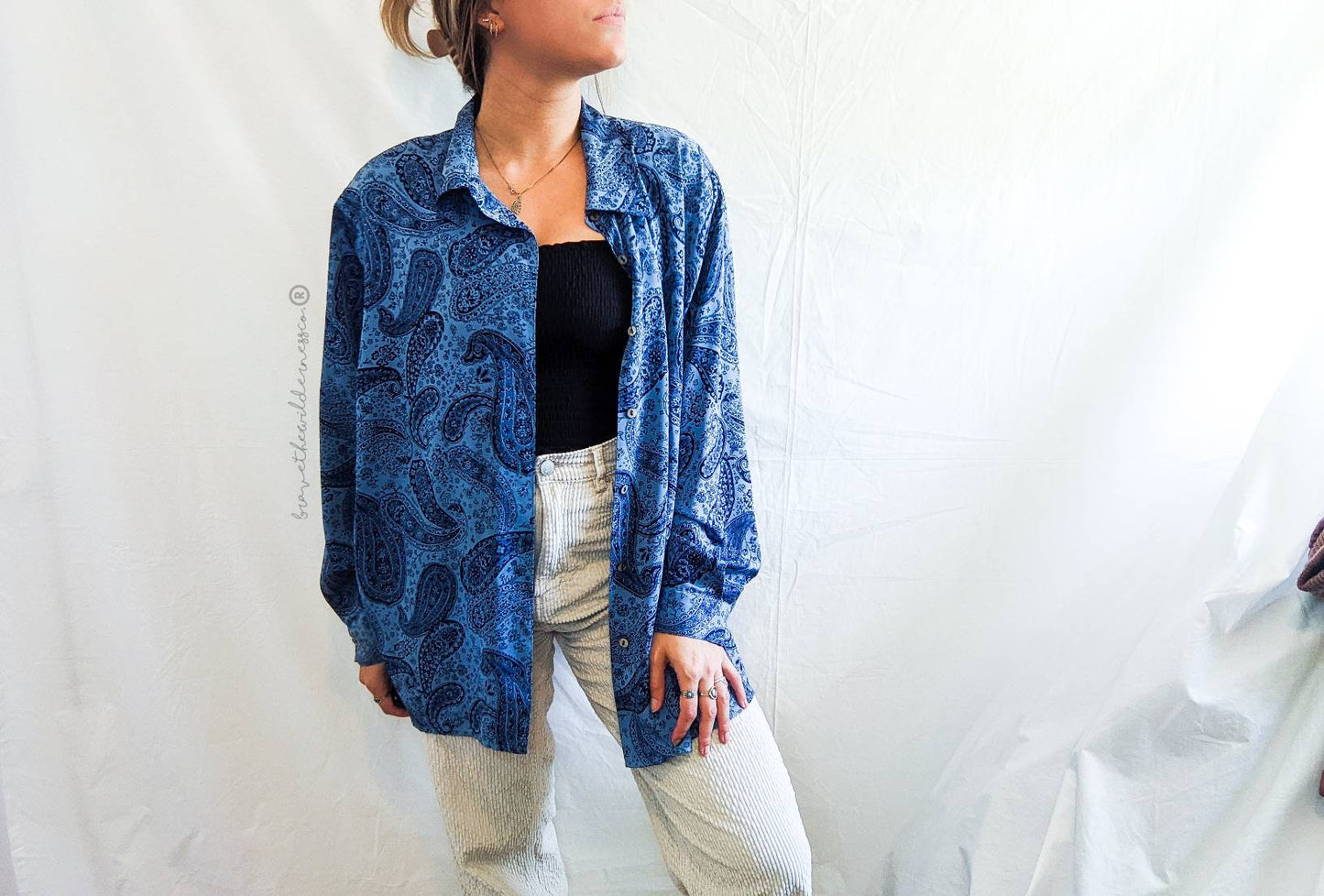 Blue Paisley Oversized Shirt - Vintage Notations Button Up Shirt