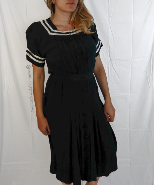 Black and White - Vintage 1980s Midi Dress Short Sleeve